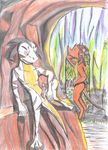  5_horns bath brown_hair brown_stripes cave dank_scanner digitigrade dragon female general: hair male orange_scales penis precum scalie tohgjen traditional_media_(artwork) voyeur waterfall white_scales 