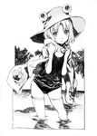  frog graphite_(medium) greyscale hair_ornament hat jpeg_artifacts monochrome moriya_suwako nobita one-piece_swimsuit ribbon school_swimsuit short_hair solo standing swimsuit thighhighs touhou towel traditional_media wading water 