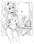  alarm_clock animal_ears bunny_ears clock cup curtains drinking_straw graphite_(medium) greyscale jpeg_artifacts long_hair monochrome mug no_pants nobita panties pillow reisen_udongein_inaba solo stuffed_animal stuffed_bunny stuffed_toy tissue_box touhou traditional_media underwear yagokoro_eirin 