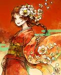  akagi_shun braid brown_hair camellia earrings egasumi flower furisode hair_flower hair_ornament japanese_clothes jewelry kimono long_hair looking_at_viewer md5_mismatch nail_polish obi orange_eyes original red_background sash smile solo stud_earrings 