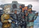  canine cat dog feline group gun hat iron_cross machine_gun mammal military nazi open_mouth ranged_weapon russian soviet_union tank uniform ushanka war weapon 