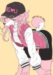  &lt;3 baseball_cap bent_over canine clothed clothing dog english_text female fur hair hand_on_knee hat jacket looking_at_viewer mammal nogi pink_fur pink_hair shorts simple_background solo text yellow_eyes 