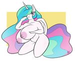  anthro anthrofied appelknekten areola big_breasts blue_hair breasts equine female friendship_is_magic green_hair hair half-closed_eyes horn horse kneeling looking_at_viewer mammal multicolored_hair my_little_pony navel nipples nude open_mouth pony princess_celestia_(mlp) simple_background solo teeth white_background white_skin wings 