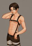  abs bad_id bad_pixiv_id belt black_hair brown_eyes grey_background lasterk levi_(shingeki_no_kyojin) male_focus navel paradis_military_uniform shingeki_no_kyojin simple_background solo strap thigh_strap 