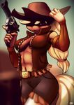  2015 alexart1275 anthro anthrofied applejack_(mlp) cleavage clothed clothing cowboy_hat earth_pony equine female freckles friendship_is_magic gun hair hat holding horse long_hair looking_at_viewer mammal my_little_pony outside pony ranged_weapon solo weapon 