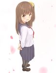  bad_id bad_pixiv_id bangs banned_artist black_legwear blush breasts brown_eyes brown_hair eyebrows_visible_through_hair from_above highres loafers long_hair long_sleeves looking_at_viewer medium_breasts minagiku open_mouth original pantyhose school_uniform serafuku shoes skirt solo 