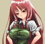  :&lt; alternate_eye_color blush bow braid breasts closed_mouth collared_shirt eromk frown highres hong_meiling large_breasts long_hair looking_down no_hat no_headwear puffy_short_sleeves puffy_sleeves red_eyes red_hair shirt short_sleeves simple_background solo touhou twin_braids v-shaped_eyebrows 