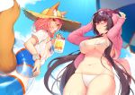  2girls akayan animal_ears bikini blush breasts brown_hair cleavage clouds drink fate/grand_order fate_(series) food foxgirl fruit glasses hat hoodie ice_cream long_hair navel orange_eyes osakabehime pink_hair purple_eyes see_through sky strawberry swim_ring swimsuit tail tamamo_no_mae_(fate) umbrella underboob wet wristwear 