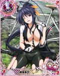  artist_request bicycle bike_jersey bike_shorts black_hair breasts card_(medium) character_name chess_piece fingerless_gloves gloves ground_vehicle hair_ribbon high_school_dxd high_school_dxd_infinity himejima_akeno large_breasts long_ponytail official_art one_eye_closed purple_eyes queen_(chess) ribbon smile solo torn_clothes trading_card zipper 