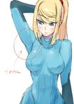  ario arm_up armpits blonde_hair blue_eyes breasts covered_nipples directional_arrow large_breasts long_hair metroid ponytail samus_aran sidelocks simple_background solo translated white_background zero_suit 