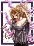  alternate_costume armpits arms_up bare_shoulders big_hair black_pants border breasts cleavage collarbone cowboy_shot darjeeling_(reley) expressionless fiery_tail fox_tail grey_shirt hair_up hand_in_hair junko_(touhou) large_breasts looking_at_viewer loose_clothes loose_shirt multiple_tails outside_border pants ponytail red_eyes shirt sketch solo tail touhou white_background 