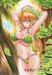  ahoge armpits arms_up artist_name bikini blonde_hair breasts cleavage earrings fairy forest genderswap genderswap_(mtf) green_bikini groin hat huge_ahoge jewelry large_breasts leaf_print link long_hair marker_(medium) nature navel navi pointy_ears ponytail slender_waist strap_gap swimsuit takecha the_legend_of_zelda the_legend_of_zelda:_ocarina_of_time traditional_media underboob 