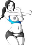  1girl black_hair breasts grey_eyes long_hair midriff navel nintendo ponytail puffy_nipples pussy shorts simple_background smile solo super_smash_bros. tank_top thighs uncensored white_skin wii_fit wii_fit_trainer witchking00 