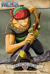  1boy bandanna character_name copyright_name earrings green_hair haramaki jewelry male_focus one_piece one_piece:_strong_world roronoa_zoro snow solo sword v-neck 