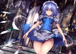  apron arms_at_sides blue_dress blue_eyes blurry commentary_request danmaku depth_of_field dress izayoi_sakuya looking_at_viewer maid maid_headdress puffy_short_sleeves puffy_sleeves rinaka_moruchi short_dress short_hair short_sleeves silver_hair smile solo touhou waist_apron 