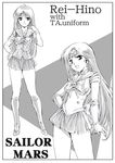  bishoujo_senshi_sailor_moon earrings greyscale hand_on_hip hino_rei jewelry long_hair looking_at_viewer magical_girl monochrome moriguchi_nao_(naonao) multiple_views open_mouth pleated_skirt ribbon sailor_collar sailor_mars sailor_senshi_uniform school_uniform simple_background skirt smile tiara white_background 