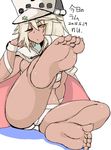  1girl arc_system_works barefoot breasts cloak dark_skin feet guilty_gear guilty_gear_xrd hat numadaira orange_eyes pov pov_feet ramlethal_valentine simple_background sitting soles solo toes white_hair 