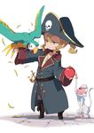  animal_on_arm apple ario bird bird_on_arm blonde_hair brown_eyes character_request copyright_request food fruit grin hat long_coat long_sleeves pirate pirate_hat short_ponytail skull smile solo wide_sleeves 