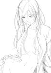  breasts greyscale hand_on_hip highres large_breasts looking_at_viewer monochrome niwatazumi no_panties open_clothes open_shirt original shirt sketch smile solo 