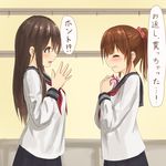  bad_id bad_pixiv_id banned_artist blush brown_eyes brown_hair closed_eyes long_hair minagiku multiple_girls original school_uniform serafuku smile translation_request 