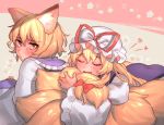  2girls aliasing animal_ears blonde_hair blush bow brown_eyes dress foxgirl hat heart hug long_hair masanaga_(tsukasa) multiple_tails short_hair tail touhou yakumo_ran yakumo_yukari 