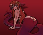  ass breasts from_behind hair_ornament hairclip highres lamia large_breasts long_hair miia_(monster_musume) monster_girl monster_musume_no_iru_nichijou pointy_ears red_background red_hair ruff-n-tumble scales shadow signature solo yellow_eyes 