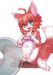  1girl 2015 absurd_res ahoge anthro artist_request blue_eyes blush canine cub electric_fan female fox furry hi_res hikimayu long_hair looking_at_viewer mammal open_mouth pussy red_hair simple_background solo spread_legs sweat uncensored wet wolflong young 
