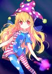  american_flag_dress american_flag_legwear clownpiece fairy_wings grin hat jester_cap long_hair name_(oiuio) pantyhose red_eyes skirt smile solo touhou wand wings 