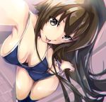  bare_shoulders bikini_pull breasts breasts_apart brown_eyes brown_hair chromatic_aberration competition_school_swimsuit downblouse from_above highres kantai_collection large_breasts long_hair looking_at_viewer one-piece_swimsuit reaching_out satou_daiji self_shot solo swimsuit tongue tongue_out very_long_hair yamato_(kantai_collection) 