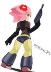  ario ass blue_eyes claws floran flower from_behind green_skin gun hair_flower hair_ornament holding holding_gun holding_weapon kneepits looking_back pink_hair plant_girl romaji short_hair solo standing starbound translated weapon 
