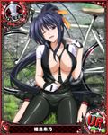  artist_request bicycle bike_jersey bike_shorts black_hair breasts card_(medium) character_name chess_piece fingerless_gloves gloves ground_vehicle hair_ribbon high_school_dxd himejima_akeno large_breasts long_ponytail official_art one_eye_closed purple_eyes queen_(chess) ribbon smile solo trading_card zipper 