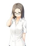  brown_hair forehead glasses hair_ornament hairclip hand_in_hair highres looking_up niwatazumi no_bangs original shirt short_sleeves solo white_shirt 