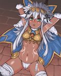  :o ankh aqua_eyes arms_behind_head bandages bdsm blush bodypaint bondage bound bound_wrists cameltoe dark_skin egyptian fur_trim headdress henry_bird_9 jewelry long_hair navel necklace open_mouth panties price_tag puzzle_&amp;_dragons solo sopdet_(p&amp;d) underwear white_hair white_panties 