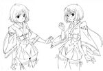  detached_sleeves greyscale japanese_clothes looking_at_viewer miko monochrome moriguchi_nao_(naonao) multiple_girls original short_hair simple_background smile thighhighs wide_sleeves zettai_ryouiki 