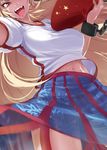  :d ario blonde_hair blue_skirt breasts chain collarbone covered_nipples cuffs cup fangs highres holding horn hoshiguma_yuugi large_breasts long_hair looking_at_viewer midriff navel open_mouth puffy_short_sleeves puffy_sleeves red_eyes sakazuki see-through shackles shirt short_sleeves skirt smile solo star striped striped_skirt taut_clothes taut_shirt touhou white_shirt 