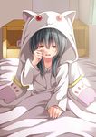  :3 bed black_hair brown_eyes cosplay creek_(moon-sky) highres kyubey kyubey_(cosplay) long_hair mahou_shoujo_madoka_magica open_mouth original red_eyes rubbing_eyes solo waking_up youjo_(creek_(moon-sky)) 