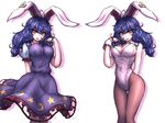  alternate_costume animal_ears arm_behind_back blue_dress blue_hair blush breasts bunny_ears bunny_girl bunnysuit cowboy_shot crescent dress ear_clip expressionless hand_in_hair large_breasts light_smile long_hair looking_at_viewer low-tied_long_hair low_twintails miata_(miata8674) multiple_views pale_skin pantyhose parted_lips puffy_short_sleeves puffy_sleeves red_eyes seiran_(touhou) shadow short_sleeves simple_background smile star touhou twintails variations wavy_hair white_background wrist_cuffs 