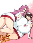  2girls :o agawa_ryou arm_support ass breast_press breasts brown_hair curvy detached_sleeves female gigantic_breasts glasses green_eyes hat huge_ass lips lipstick long_hair looking_at_viewer multiple_girls nurse open_mouth plump purple_hair shiny_skin short_hair smile thick thick_thighs thighs wide_hips yellow_eyes 
