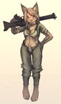  2015 anthro breasts canine cleavage clothed clothing collar female fox fur green_eyes gun hair long_hair looking_at_viewer mammal pira ranged_weapon simple_background solo standing tattoo weapon 