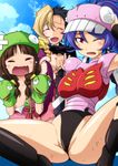  3girls blue_eyes braid breasts brown_hair crying doublas_m2 female garada_k7 harada_shoutarou hat injury legs long_hair multiple_girls open_mouth ponytail purple_hair red_eyes robot_girls_z shiny_skin sky smile spread_legs tears twin_braids wink 