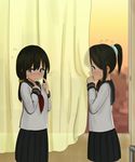  bad_id bad_pixiv_id banned_artist black_hair blush curtains embarrassed hiding highres long_hair looking_away minagiku multiple_girls original ponytail school_uniform serafuku skirt uniform yuri 