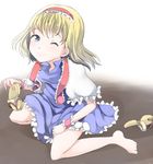  alice_margatroid bad_id bad_pixiv_id barefoot blonde_hair blue_eyes capelet one_eye_closed sandals_removed sash shuga_(soranote) sitting solo touhou wariza wrist_cuffs 