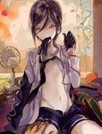  black_gloves black_neckwear electric_fan fan glove_in_mouth gloves highres looking_at_viewer male_focus military military_uniform mouth_hold navel necktie open_clothes open_shirt out_of_frame paper_fan pov pov_hands purple_eyes saniwa_(touken_ranbu) scissors shirt shorts sitting solo_focus sweat touken_ranbu uchiwa uniform yagen_toushirou yuu_(pixiv769259) 