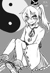  greyscale hat holding_legs japanese_clothes kariginu kaya_rio monochrome mononobe_no_futo ponytail solo tate_eboshi touhou wide_sleeves yin_yang 