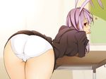  animal_ears ass bad_perspective blazer breasts bunny_ears elbow_rest extra_ears from_behind heart highres jacket large_breasts naughty_face panties purple_hair red_eyes reisen_udongein_inaba solo touhou underwear white_panties zuttokodomo 