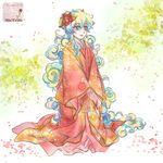  blonde_hair cloud_hair flower hair_flower hair_ornament japanese_clothes kimono layered_clothing layered_kimono long_hair multicolored_hair nia_teppelin solo taira_momen tengen_toppa_gurren_lagann 