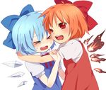  &gt;_&lt; achi_cirno alternate_color alternate_element bad_id bad_pixiv_id blue21 blue_hair bow cheek-to-cheek cirno closed_eyes dual_persona fiery_wings fire hair_bow hug multiple_girls pain red_eyes red_hair short_hair tears touhou wings 
