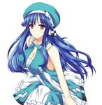  arin beret blue_hair breasts checkered cleavage dress hat kazumi_yoshizu large_breasts long_hair pangya purple_eyes simple_background solo 