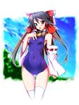 bad_id bad_pixiv_id bell bell_collar black_hair blush bow breasts collar covered_nipples detached_sleeves hair_bow hakurei_reimu highres long_hair one-piece_swimsuit red_eyes ribbon school_swimsuit small_breasts solo swimsuit sys.ao thighhighs touhou white_legwear wide_hips 