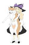  :o animal animal_hug apron blonde_hair bow carrying dog hat hat_bow hug kirisame_marisa long_hair long_sleeves nipples shiba_inu simple_background skirt skirt_set solo standing touhou uro white_background witch witch_hat yellow_eyes 